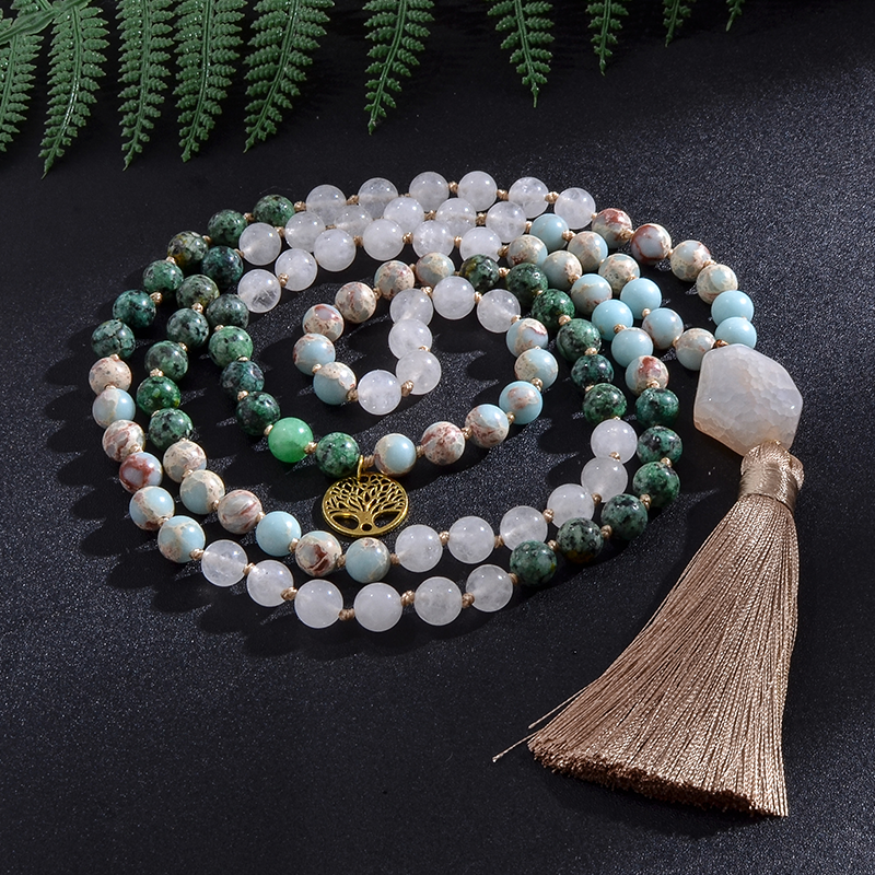 Japamala Natural 108 Contas Em Jade, Jaspe Imperial e Turquesa