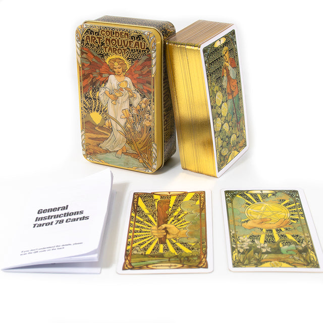 Baralho Especial 78 Cartas Giulia F. Massaglia's Golden Art Nouveau Tarot Com Borda Dourada e Caixa De Metal - Mandalay Shop